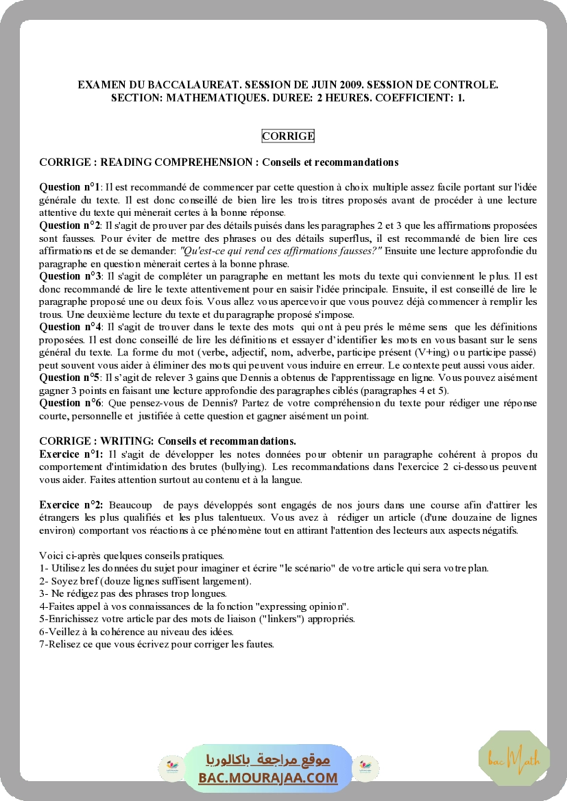 Corrigé controle anglais Bac 2009 – Section math